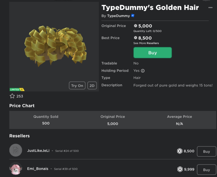 Roblox Trading News  Rolimon's on X: The first Roblox UGC limited has  become resellable! TypeDummy's Golden Hair came out on April 5th at 5,000  Robux and is now being resold. Other