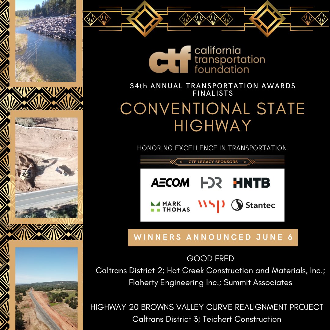 CTFCharity's tweet photo. Congratulations to the top finalists in the #ctfawards Conventional State Highway Category! We look forward to announcing the winner on June 6! Don't forget the #ctfforum on June 7! https://t.co/kkaNWyPOC1 @CaltransD2 @CaltransDist3 @TeichertInc https://t.co/Y5xBD6lkhX