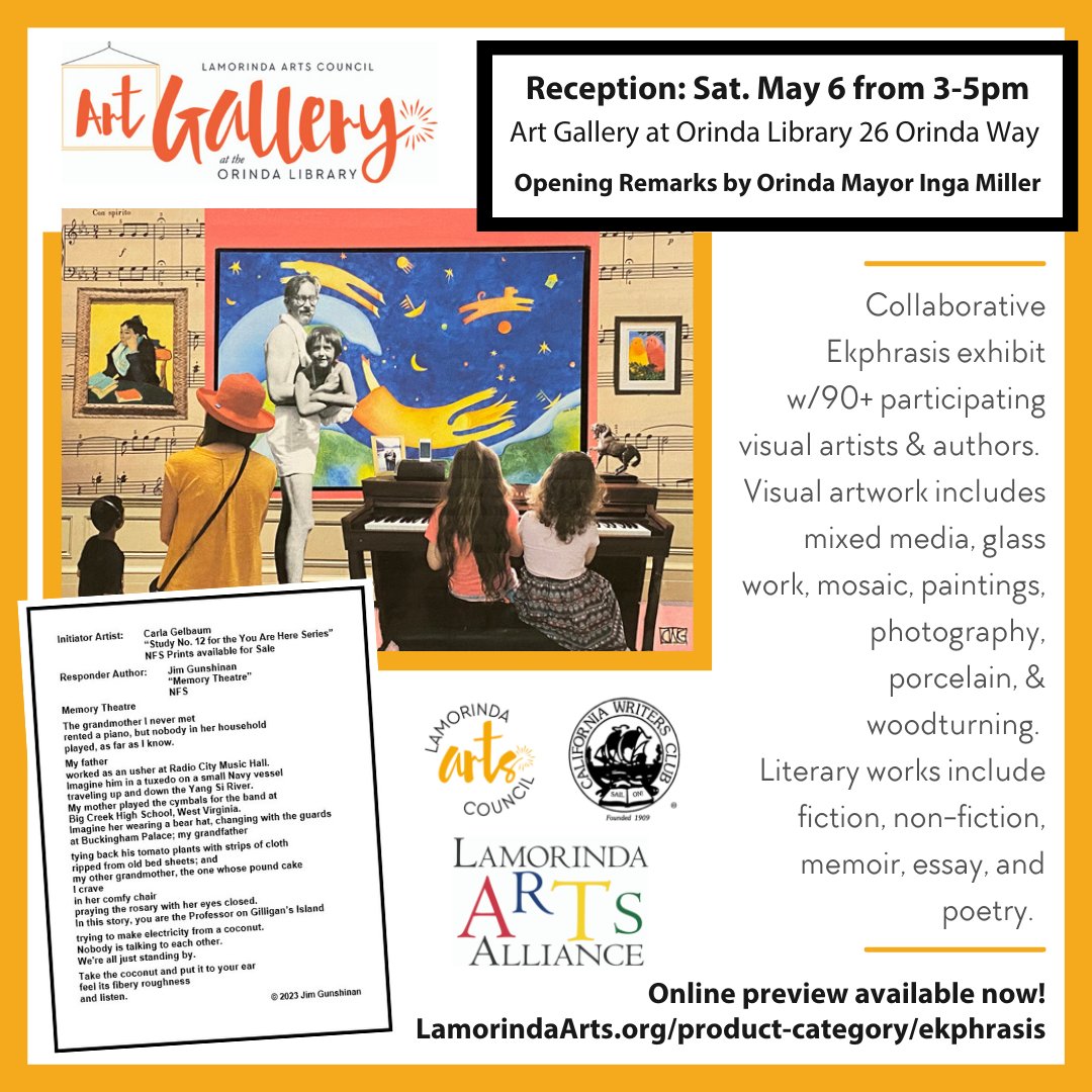 Art reception Sat. 5/6, 3-5pm. lamorindaarts.org/ekphrasis/

#lamorindaartscouncil #LamorindaArts #lamorinda #artgalleryatorindalibrary #localartists #artistspotlight #localauthors #ekphrasis #supportthearts #supportnonprofits #artgallery #artistreception #literaryevents #eastbayarts