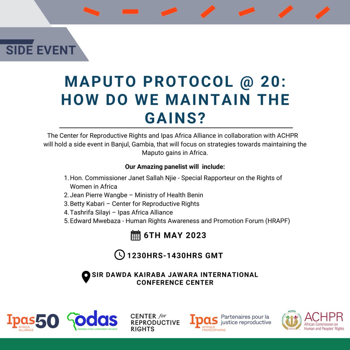 IpasFrancophone's tweet photo. Ipas, @ReproRightsUN, @CentreOdas et @achpr_cadhp tiendront une table ronde sur les avancées du Protocole de Maputo à l'occasion de la 75ème Session ordinaire CADHP le 6 mai 2023 à partir de 12h30 GMT avec la participation du Ministère de la Santé du Benin.
#DSSR #ProtocolMaputo https://t.co/jJBrh0YCbR