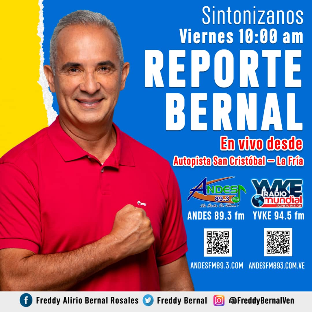 BermudezJoseA's tweet photo. #Hoy #05Mayo No te pierdas #ReporteBernal sintonízalo a través de @andesfm893 y @YvkeTachira 94.5 Fm, el Gobernador del #Tachira @FreddyBernal estará transmitiendo en vivo desde la Autopista San Cristóbal-La Fría 
¡No te lo Pierdas!📻 https://t.co/hhl9q8W7L7