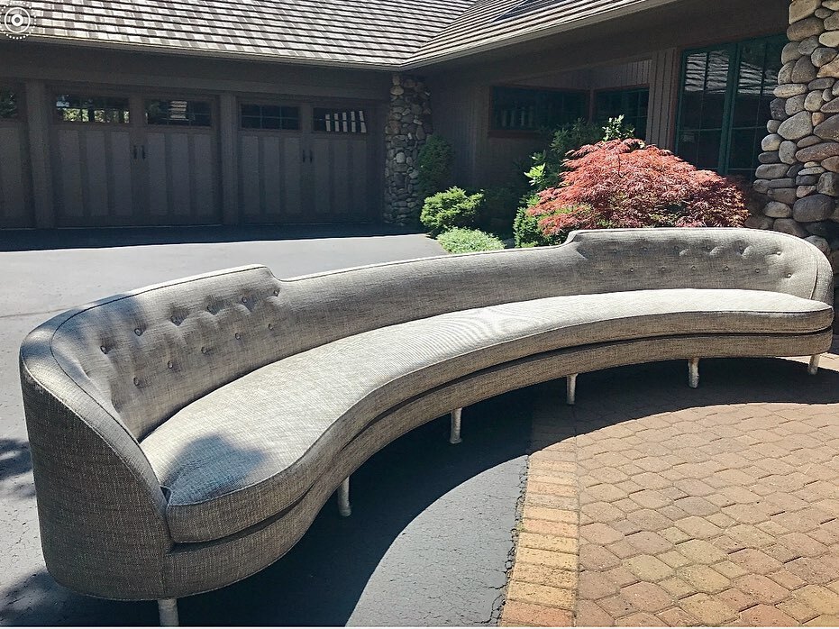 Flashback Friday…to the single largest sofa we’ve ever installed in a project. This custom curved beauty was 17 feet long and took 6 strong men to carry through the double doored entrance of this mountaintop manse out west. Handcrafted from a template we made for the living …