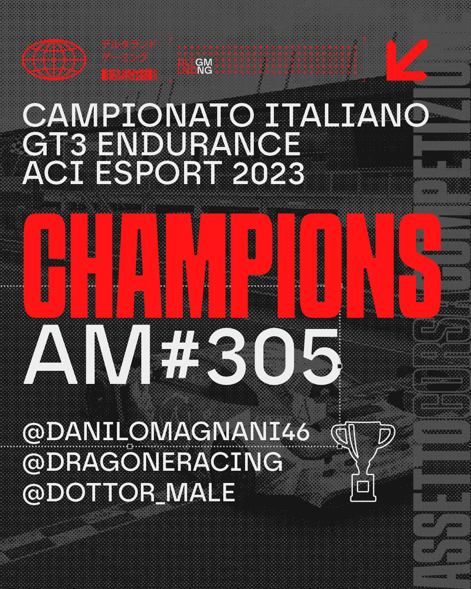 DELTALANDGaming's tweet photo. Siamo entusiasti di annunciare la nostra vittoria nel
🏆 Campionato Italiano GT3 Endurance ACI Esport 2023 AM!🏆

Ecco il nostro equipaggio vincitore!

#305
🏆D.Magnani 🇮🇹
🏆S.Dragone 🇮🇹
🏆M.Mariotti 🇮🇹 https://t.co/w5sidgpGKv