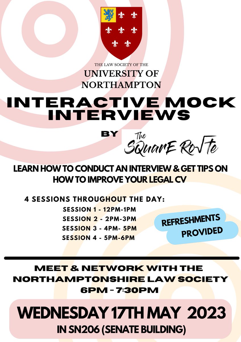 The Law Society of the University of Northampton (@uonlawsociety) on Twitter photo NEW EVENT!!
Interactive Mock Interviews hosted by the SQuarE Route & Meet and Network with the Northamptonshire Law Society!
Wednesday 17th May 12pm - 7:30pm
DM us to guarantee your place or email Law.Society@northampton.ac.uk NEW EVENT!!
Interactive Mock Interviews hosted by the SQuarE Route & Meet and Network with the Northamptonshire Law Society!
Wednesday 17th May 12pm - 7:30pm
DM us to guarantee your place or email Law.Society@northampton.ac.uk