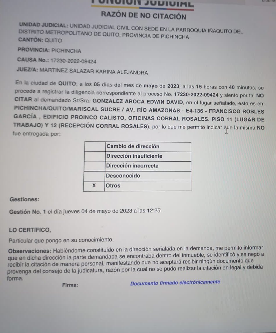 Miren este despropósito! Citador encuentra la demando en persona y le dice que no le da la gana de recibir la citación y el citador sienta razón de no citación; no quito los nombres para que sepamos quiénes son los sapos. Dan asco.<a href="/CJudicaturaEc/">Consejo de la Judicatura</a> <a href="/jolismazon/">Jorge Luis Mazón</a> <a href="/paulocana/">Paúl Ocaña Merino</a>