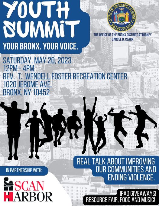 The Bronx District Attorney's Office invites the Bronx youth to talk about solutions to violence and other issues in our communities. At the event there will be discussions, music, food and iPad giveaways! Come and let your voice be HEARD!!! #youthsummit #bronxvoice #youthevent