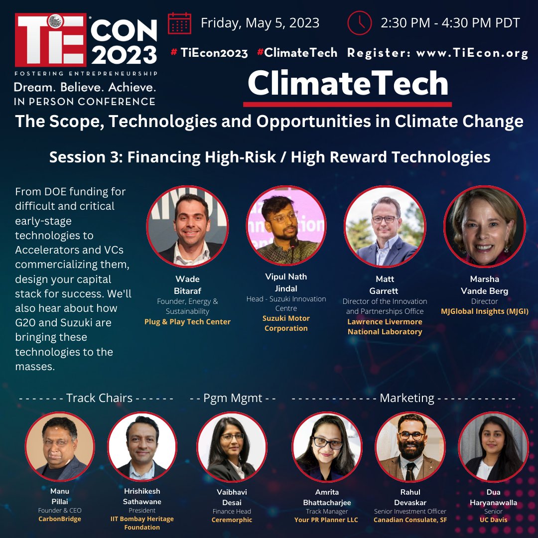 TiEcon 2024 (@tiecon) on Twitter photo #TiEcon2023 #ClimateTech Track Session 3
Speakers:
โก๏ธ<a href="/bitarafv/">Wade Bitaraf</a> <a href="/PlugandPlayTC/">Plug and Play Tech Center</a>
โก๏ธ<a href="/vipul_n_jindal/">Vipul Nath Jindal</a> @Suzuki <a href="/SIC_PLATFORM/">Suzuki Innovation Centre</a>
โก๏ธMatt Garrett <a href="/Livermore_Lab/">Lawrence Livermore National Laboratory</a>
โก๏ธ<a href="/MarshaJVB/">Marsha Vande Berg</a> MJGlobal Insights (MJGI)
5.5.23 3:45 pm Hall A3, <a href="/SantaClara_CC/">Santa Clara Convention Center</a> Reg: lnkd.in/gtNcj4V2 #TiEcon2023 #ClimateTech Track Session 3
Speakers:
โก๏ธ<a href="/bitarafv/">Wade Bitaraf</a> <a href="/PlugandPlayTC/">Plug and Play Tech Center</a>
โก๏ธ<a href="/vipul_n_jindal/">Vipul Nath Jindal</a> @Suzuki <a href="/SIC_PLATFORM/">Suzuki Innovation Centre</a>
โก๏ธMatt Garrett <a href="/Livermore_Lab/">Lawrence Livermore National Laboratory</a>
โก๏ธ<a href="/MarshaJVB/">Marsha Vande Berg</a> MJGlobal Insights (MJGI)
5.5.23 3:45 pm Hall A3, <a href="/SantaClara_CC/">Santa Clara Convention Center</a> Reg: lnkd.in/gtNcj4V2