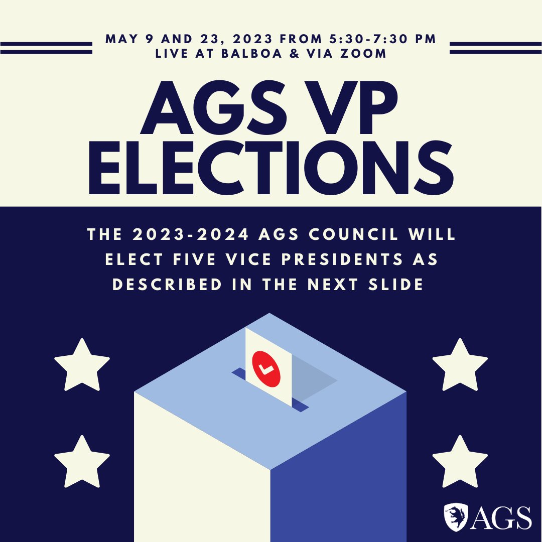 agsuci's tweet photo. Run for an AGS Vice President Seat!

AGS will hold our Vice President Elections on May 9 and 23, 2023, from 5:30-7:30 pm live at Balboa &amp; via Zoom. 

The link for our open meetings: https://t.co/tHH6XJUP87

The 2023-2024 AGS Council will elect five Vice Presidents https://t.co/MxeYSqcjRD
