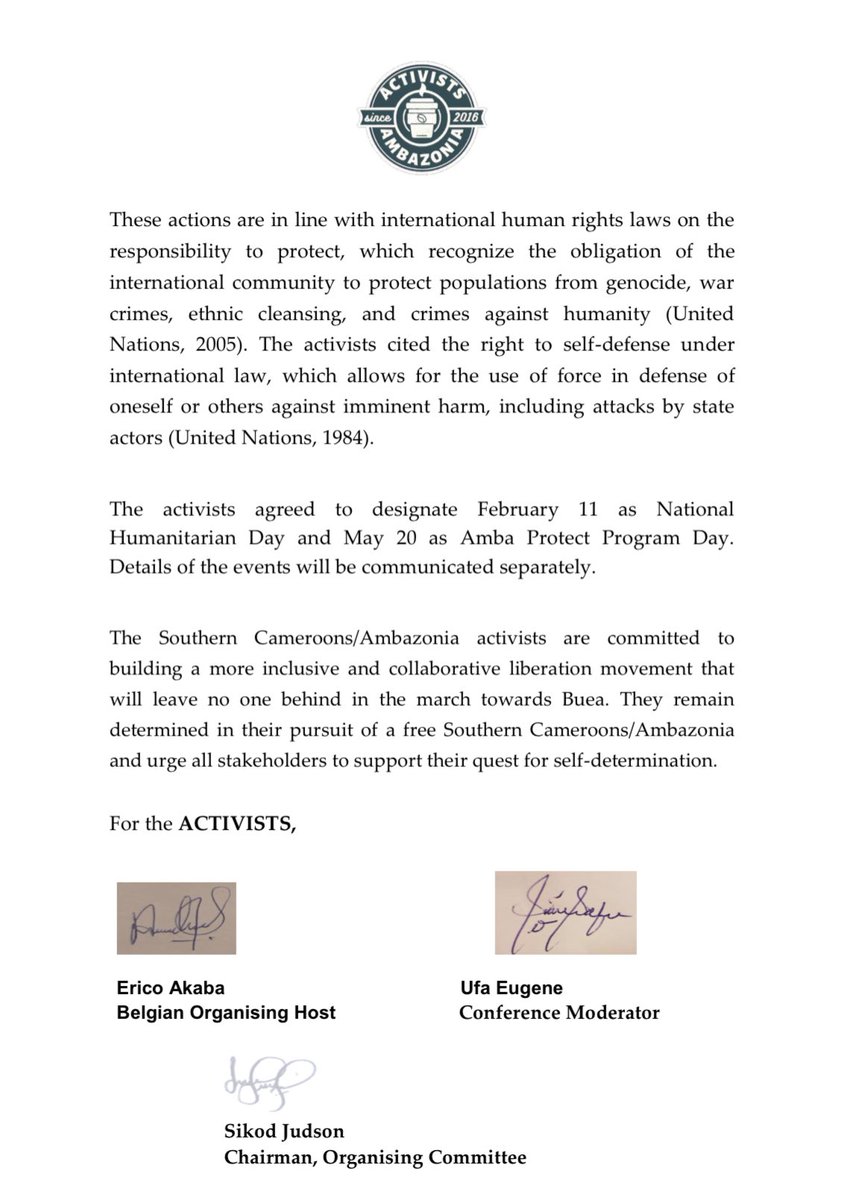 Ambazonia Activists Conference Resolutions. A new day is born. Video details and summary later. 

Mark Bareta
May 5th, 2023