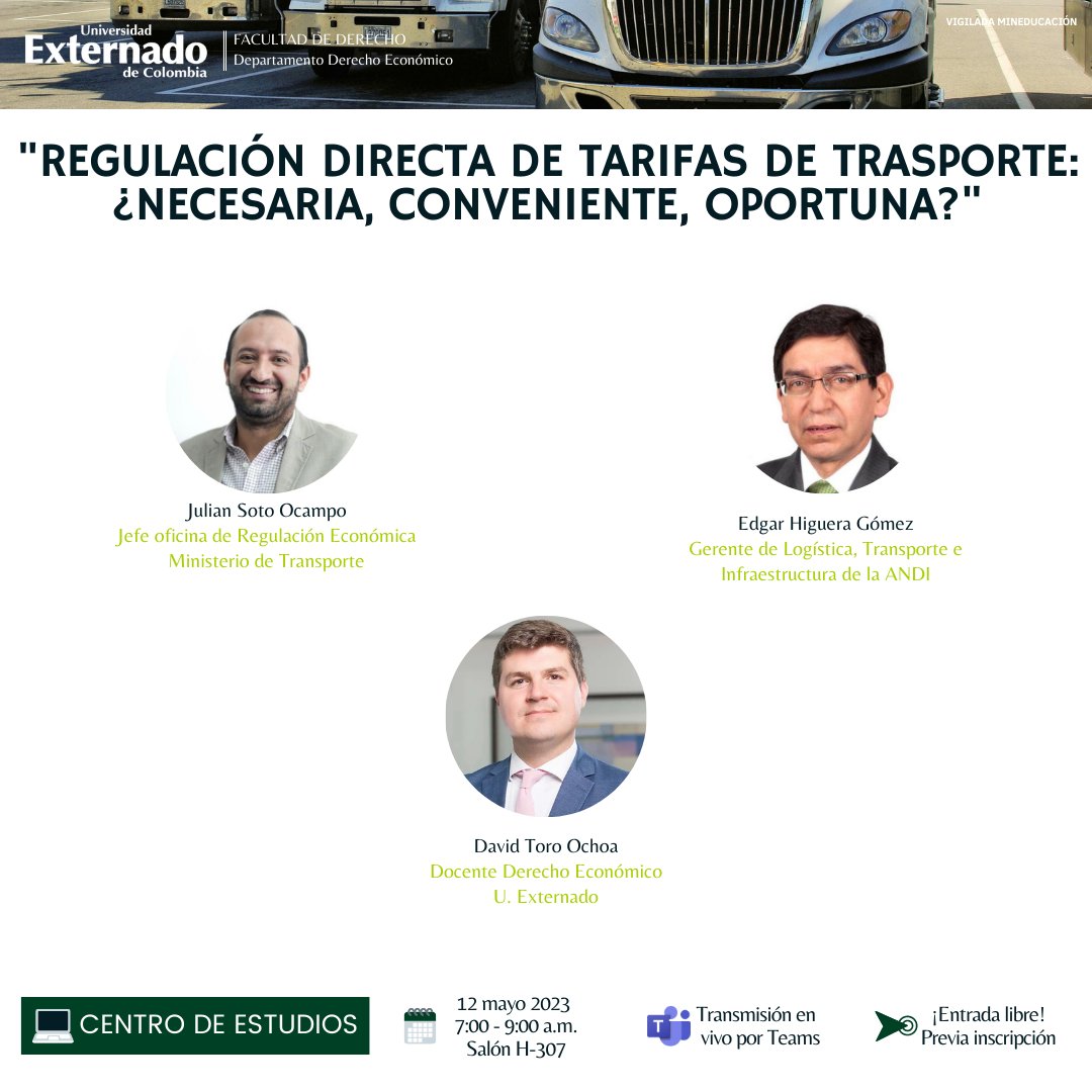 El Transporte terrestre es el sistema sanguíneo de aparato productivo. 🗣 Todos invitados el próximo 12 de mayo a esta discusión.   Con @julian_soto_oca
(@MinTransporteCo), Edgar Higuera Gómez (@ANDI_Colombia) y @davidtoro2

#ElPlanDeLaGente #FelizViernes @UExternado