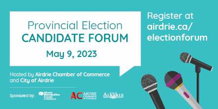 Have you registered for our #Provincial #Election Candidate Forum? Join us May 9 @ 7 p.m. @ Bert Church LIVE Theatre, along with our co-hosts <a href="/airdriechamber/">Airdrie Regional Chamber of Commerce</a>. Questions may be submitted in advance. Learn more at airdrie.ca/electionforum  

#albertaelection #getinformed