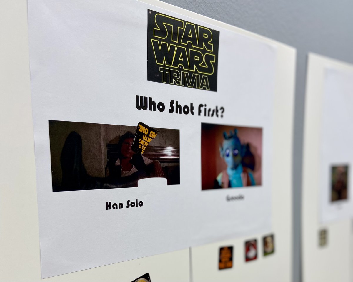 CookLibrary's tweet photo. We have some very important questions for you in the Teen Zone on the Lower Level at Cook Park Library... And while you're here, stop by the Adult Reference Desk to get the answer to their C-3PO question.
#starwars #starwarsday #revengeofthefifth #whoshotfirst #c3po #grogu https://t.co/5aRuK8SZLV