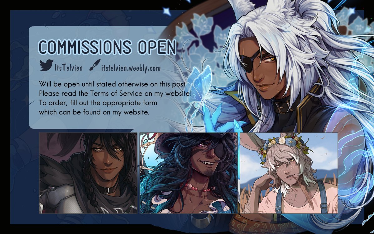 ItsTelvien's tweet photo. Reopening commissions! ✨ As usual, I will be going through the forms and picking orders over the next couple of days~ 
https://t.co/jWW9UVY9OJ https://t.co/1WKmBt220X