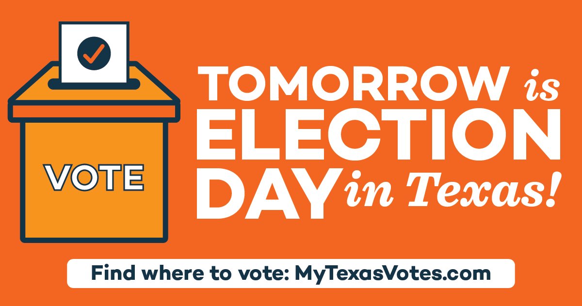 REMINDER: Tomorrow is Election Day in Texas! 🤠
Make your plan to vote early for local Texas Democratic candidates and propositions that impact your community! #txlege
☎️ Questions? 1-844-TX-VOTES
📍Find where to vote at MyTexasVotes.com
