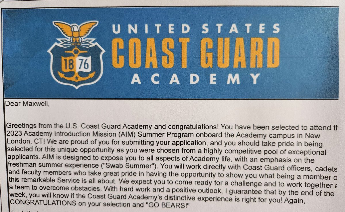 Big plans this summer... just got accepted to the AIM program <a href="/USCGAcademy/">U.S. Coast Guard Academy</a> 
@cga_wrestling 
<a href="/CoachFoley508/">Dylan Foley</a>