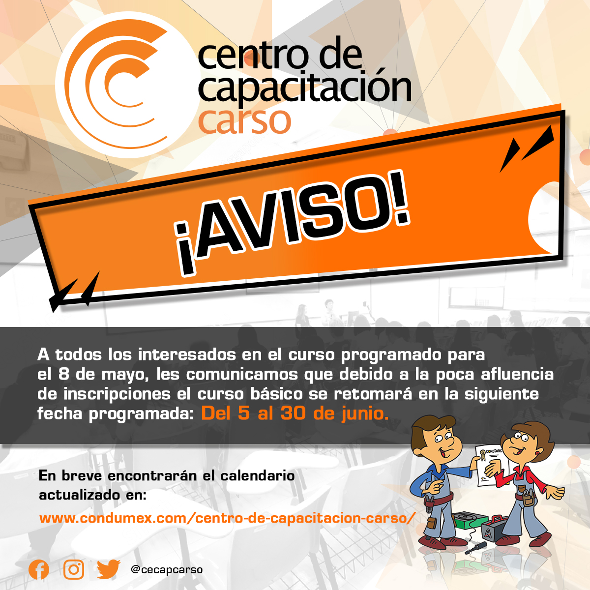 condumex_cables's tweet photo. A todos los interesados en el curso programado para el 8 de mayo, les comunicamos que debido a la poca afluencia de inscripciones el curso básico se retomará en la siguiente fecha: Del 5 al 30 de junio.
 
En breve encontrarán el calendario actualizado en: https://t.co/kt5ykDs0Zi https://t.co/DMEs1BwQxb
