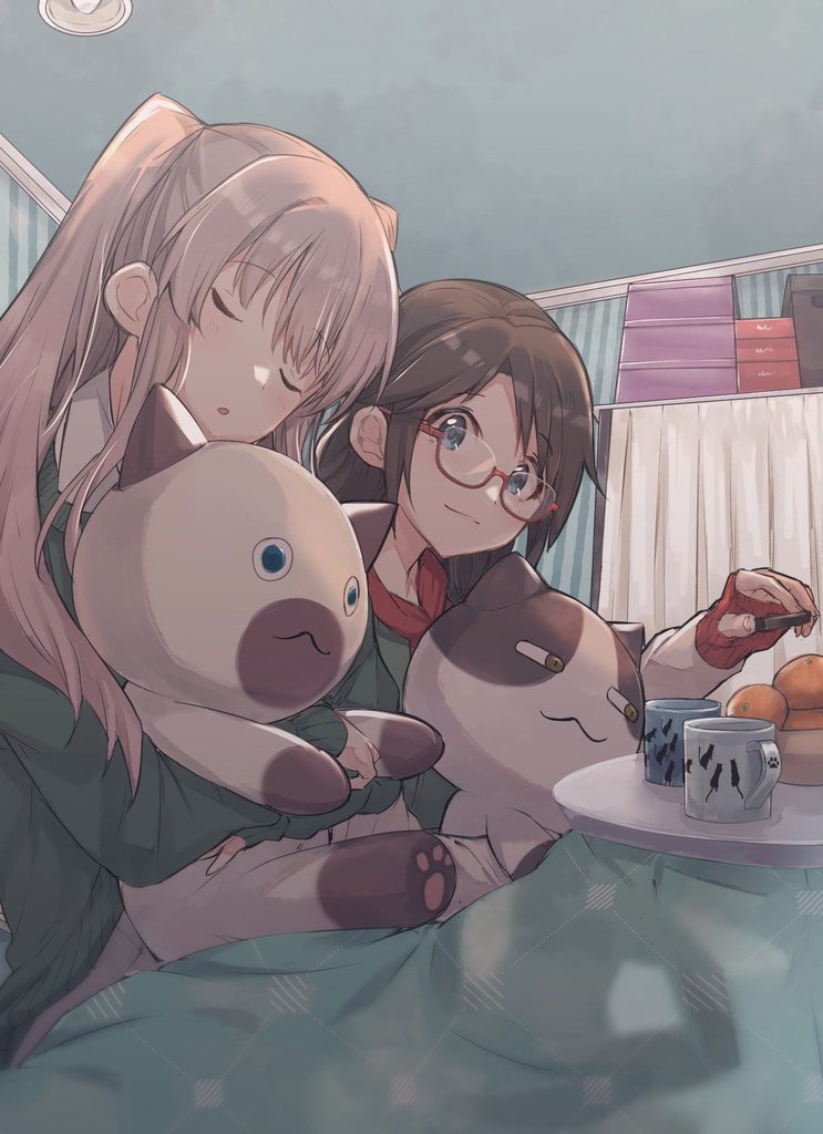 multiple girls 2girls stuffed toy kotatsu stuffed animal sleeping table  illustration images