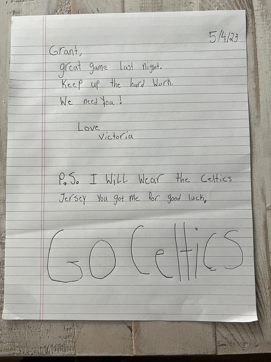 Victoria wrote Grant Williams a letter to get him pumped for tonight’s game. LET’S GO CELTICS ☘️☘️☘️