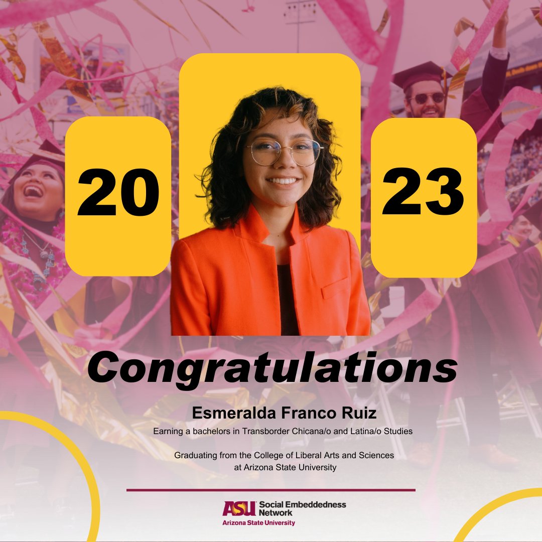 ASU Social Embeddedness (@asuembeddedness) on Twitter photo Congrats to a fantastic student staff member alum from our team! Esme is a graduate with her BA from <a href="/ASU_Transborder/">ASU Transborder Studies</a> and will be moving onto a brand new role with an awesome partner doing impactful work in just a few weeks!
<a href="/SybilFrancisCFA/">Sybil Francis</a> <a href="/arizonafuture/">Center for the Future of Arizona</a> <a href="/ASUTheCollege/">The College of Liberal Arts and Sciences</a> Congrats to a fantastic student staff member alum from our team! Esme is a graduate with her BA from <a href="/ASU_Transborder/">ASU Transborder Studies</a> and will be moving onto a brand new role with an awesome partner doing impactful work in just a few weeks!
<a href="/SybilFrancisCFA/">Sybil Francis</a> <a href="/arizonafuture/">Center for the Future of Arizona</a> <a href="/ASUTheCollege/">The College of Liberal Arts and Sciences</a>