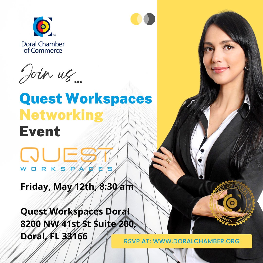 doralshopping's tweet photo. Join us for the Quest Workspaces Doral Networking Event on
May 12th from 8:30am to 10:30am at our Doral location.

Limited Tickets Available! RSVP Today.

#SmallBusinessWeek #BestOfDoral #ShopLocal #DoralChamber @cityofdoral

https://t.co/ARBwMLFLLs https://t.co/ppsvTFoq0G
