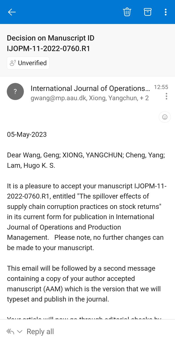 Hugo Lam (@hugokslam) on Twitter photo It’s perfect to start the long weekend with an acceptance email from <a href="/ijopm_oscm/">Int. Journal of Operations & Production Management</a>. Many thanks to the editor for providing clear guidance in the review process and also to two reviewers for the constructive comments and helpful suggestions. It’s perfect to start the long weekend with an acceptance email from <a href="/ijopm_oscm/">Int. Journal of Operations & Production Management</a>. Many thanks to the editor for providing clear guidance in the review process and also to two reviewers for the constructive comments and helpful suggestions.