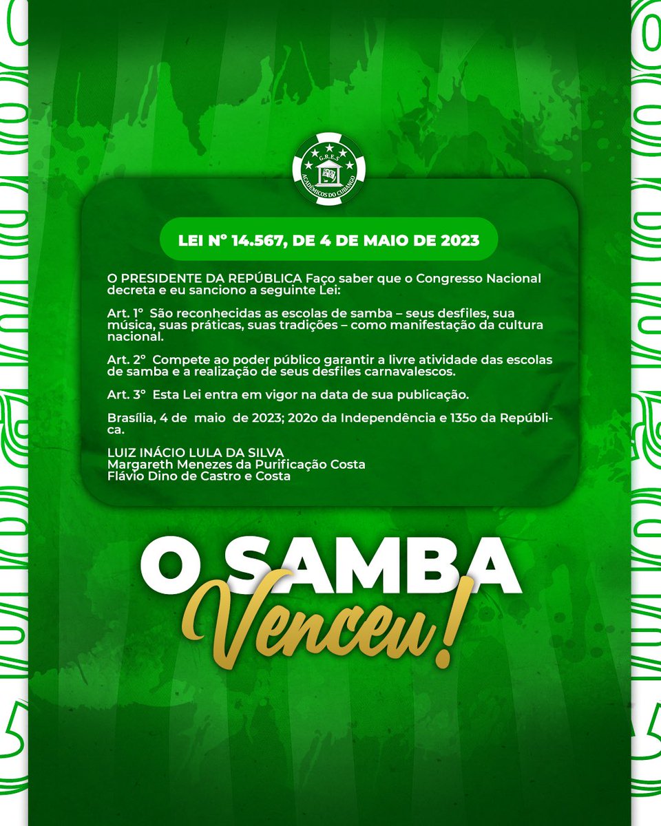 GresCubango's tweet photo. 🏆 O samba venceu! O presidente do Brasil, Luís Inácio Lula da Silva, sancionou nesta última quarta-feira, 04 de maio, a lei que reconhece as escolas de samba como manifestação Cultural Nacional! 

#Cubango #AMaisQueridaDeNiteroi #Carnaval2024 #Lei #Lula #Sambista #Carnaval https://t.co/sL8dPCRHfE