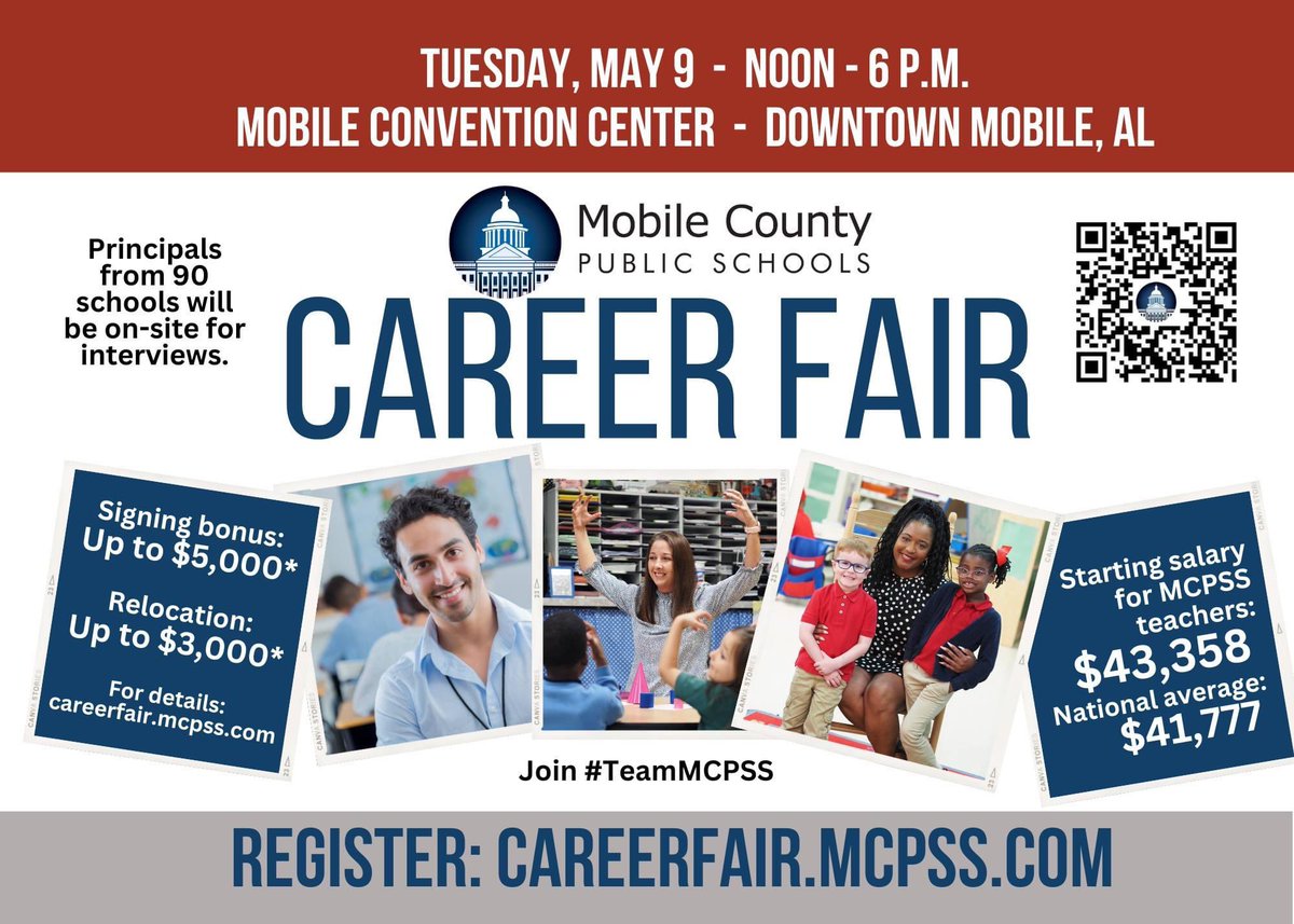 MCPSS is having a Career Fair on Tuesday, May 9th noon to 6 PM at the Mobile Convention Center in downtown Mobile. Join #TeamMCPSS! For more information, follow the MCPSS Career Fair event page on Facebook by visiting this link: fb.me/e/CCNCFyre.

#BeExtraordinary