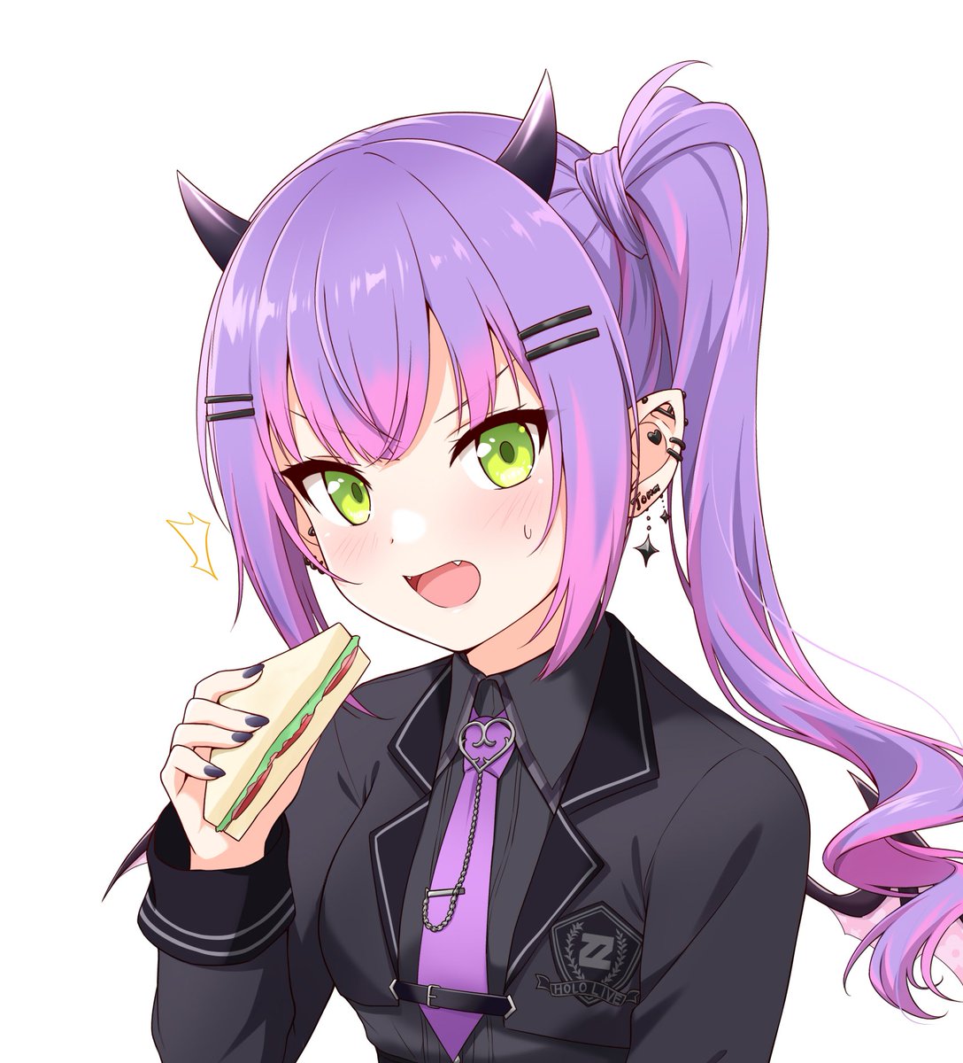 tokoyami towa 1girl horns food necktie purple hair solo green eyes  illustration images
