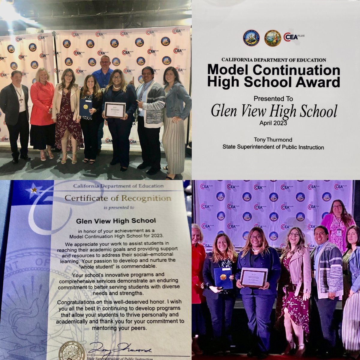 Big shoutout 📣to @GlenView_HS for officially receiving its @CADeptEd #ModelContinuationSchool Award 🏆for its exemplary program! 🙌 Principal Dr. Benisha Carr & the Glen View Team deserve this award! A testament to their excellent work for our students.💙 #GoFirst #BeaumontUSD