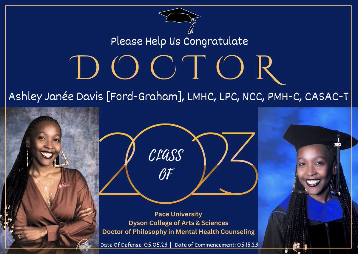Ash_Is_Vitality's tweet photo. And when you say my name make sure you put that DOCTOR in front!
•
Officially Dr. Ashley Janée Davis [Ford-Graham], LMHC, LPC, NCC, PMH-C, CASAC-T
•
*And shout out to me for being THEE FIRST person in the 10 yr program history to complete a QUALITATIVE study https://t.co/Q0YZYgvivA