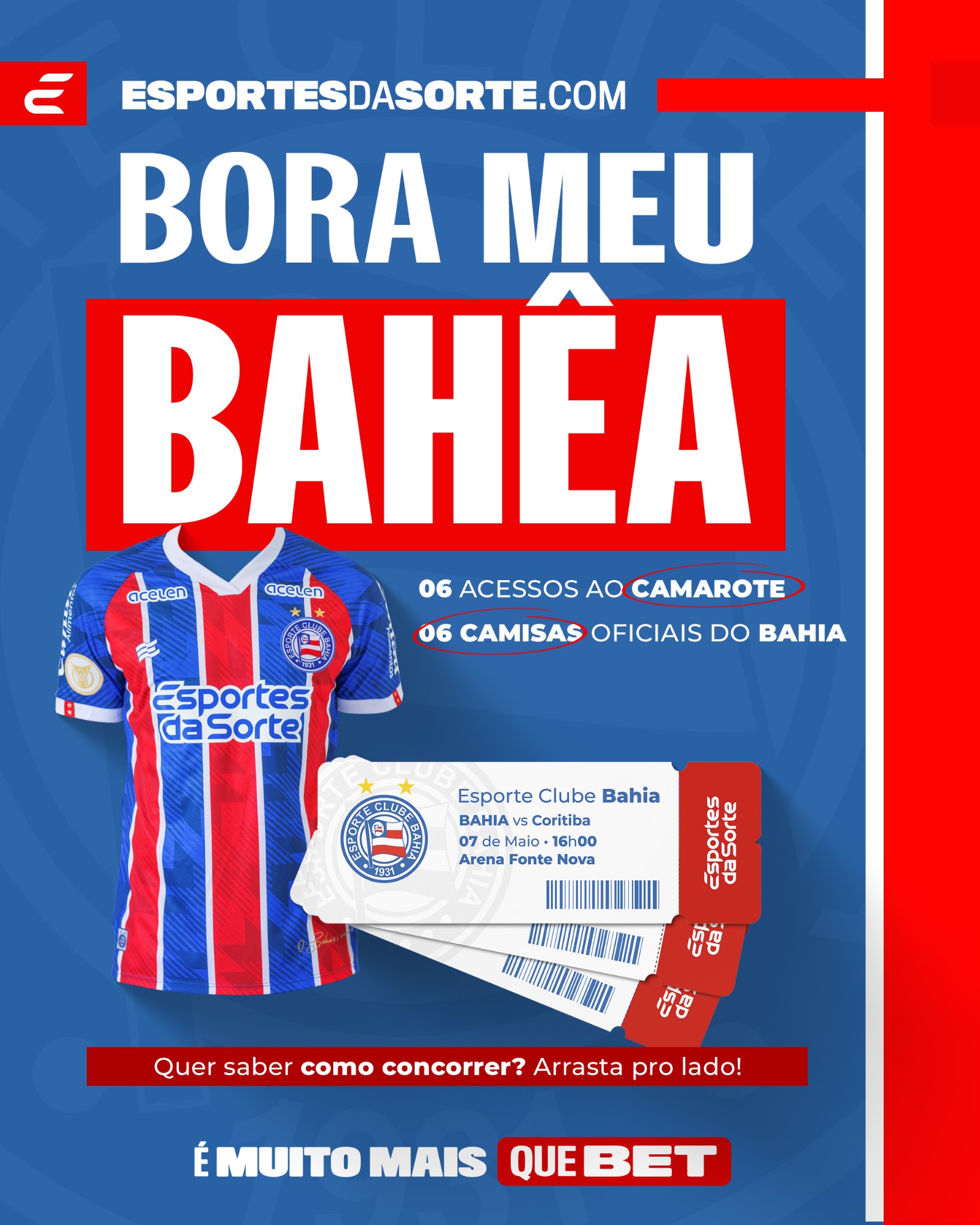 Esporte Clube Bahia on X: 💙❤️🤍 Sorte no Jogo e também no Amor! 🤞🏽  Junto com @EsportesDaSorte, o Tricolor leva você e um acompanhante ao jogo  contra o Cruzeiro neste sábado. 🎫🎫