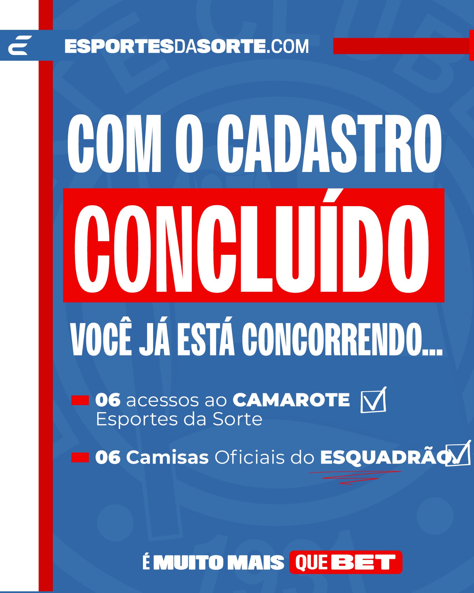 Esporte Clube Bahia on X: 💙❤️🤍 Sorte no Jogo e também no Amor! 🤞🏽  Junto com @EsportesDaSorte, o Tricolor leva você e um acompanhante ao jogo  contra o Cruzeiro neste sábado. 🎫🎫