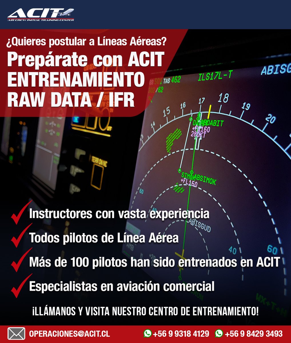 Acit_Chile's tweet image. ¿Quieres postular a Líneas Aéreas?
¡Prepárate con ACIT!
ENTRENAMIENTO RAW DATA / IFR

· Instructores con vasta experiencia
· Todos pilotos de Línea Aérea
·  Más de 100 alumnos preparados en ACIT
·  Especialistas en Aviación Comercial

#Rawdata #IFR #EntrenamientoPilotos #ACIT