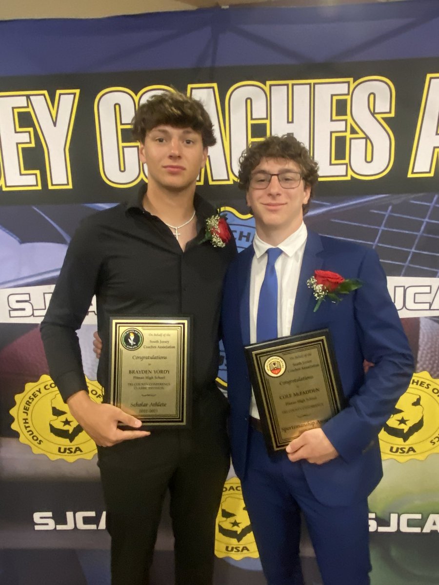 Wednesday night Brayden Yordy and Cole McFadden represented Pitman Athletics as the winners of the Tri County Classic Scholar Athlete (Yordy) and SJ Coaches Association Sportsmanship Award (McFadden). Congratulations gentlemen. #pitmanpantherpride