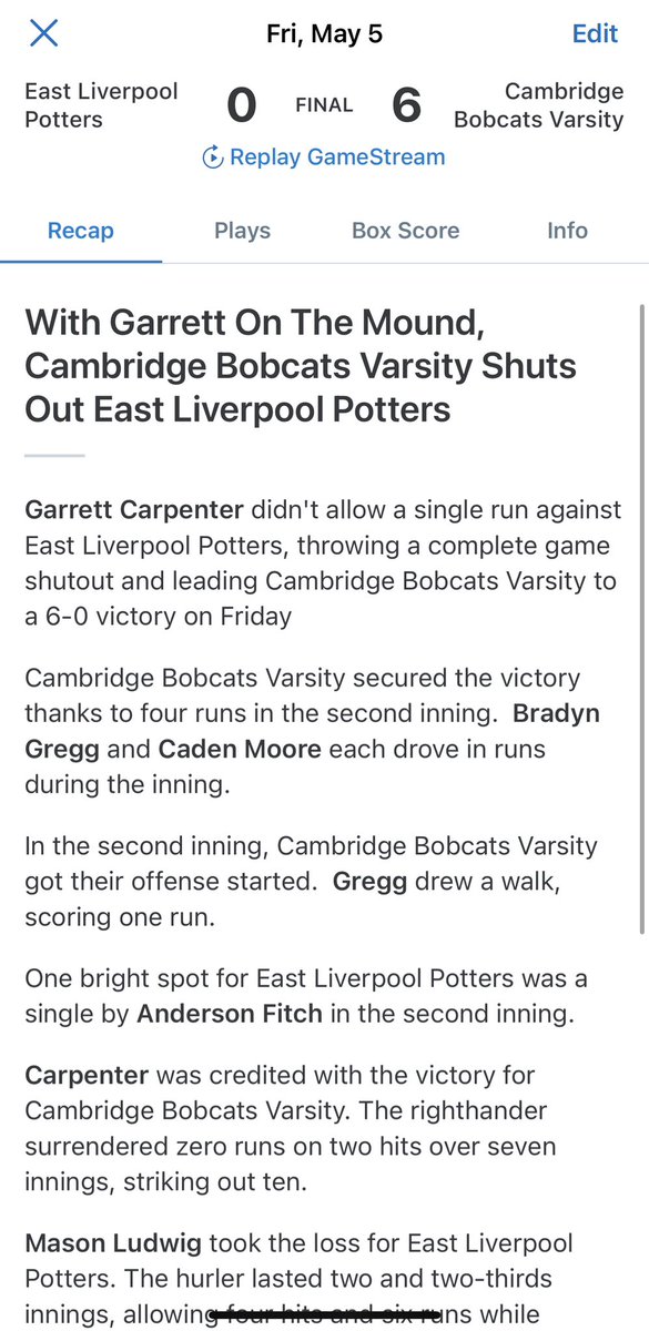Good win tonight against East Liverpool 6-0 to move to 12-3 on the year!