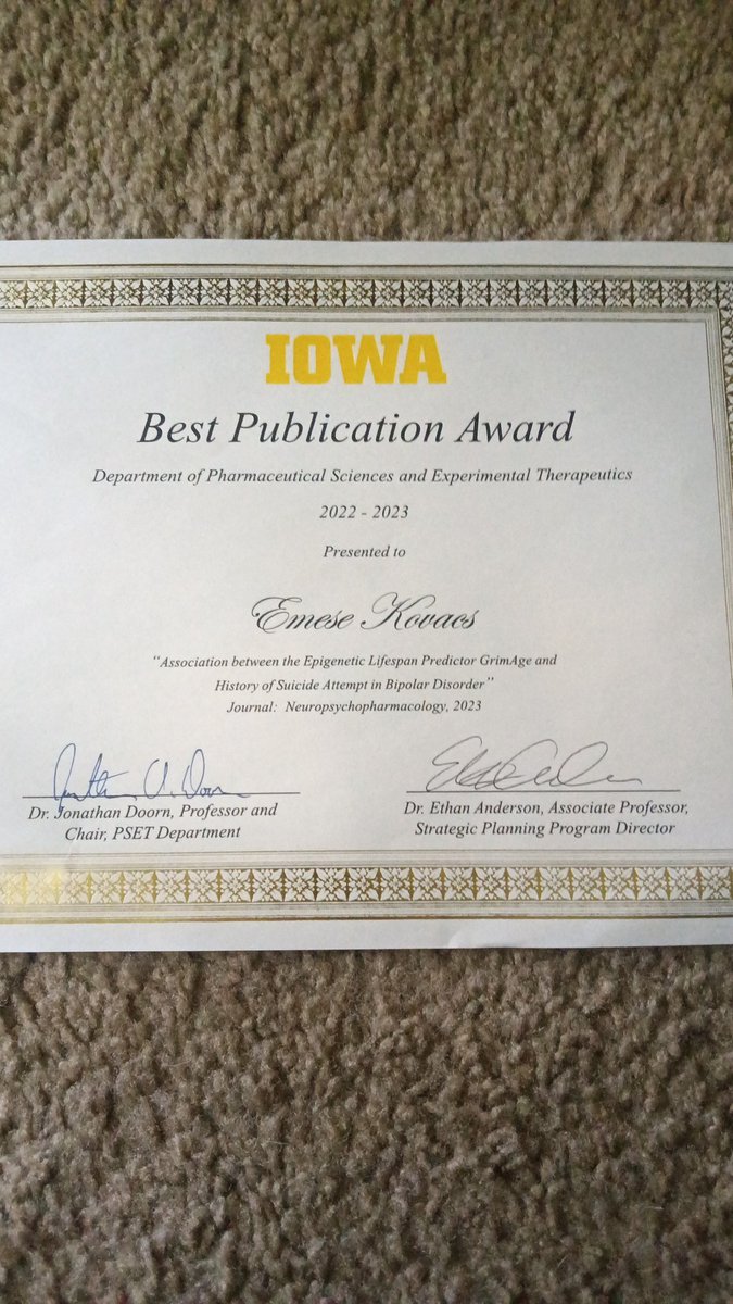 Emese Kovács (@kovacsemesehc) on Twitter photo Honored to be one of the recipients for PSET's Best Publication Award for <a href="/LimaNCamila/">Camila N. C. Lima</a>'s and my work with GrimAge and suicidality in bipolar disorder. Happy to bring home this win for the <a href="/MarieEIrish/">Marie Gaine 🐘</a> lab! <a href="/IowaNeuroPharm/">UIowaNeuroPharm</a> <a href="/FriesGabriel/">Gabriel R. Fries</a> Honored to be one of the recipients for PSET's Best Publication Award for <a href="/LimaNCamila/">Camila N. C. Lima</a>'s and my work with GrimAge and suicidality in bipolar disorder. Happy to bring home this win for the <a href="/MarieEIrish/">Marie Gaine 🐘</a> lab! <a href="/IowaNeuroPharm/">UIowaNeuroPharm</a> <a href="/FriesGabriel/">Gabriel R. Fries</a>