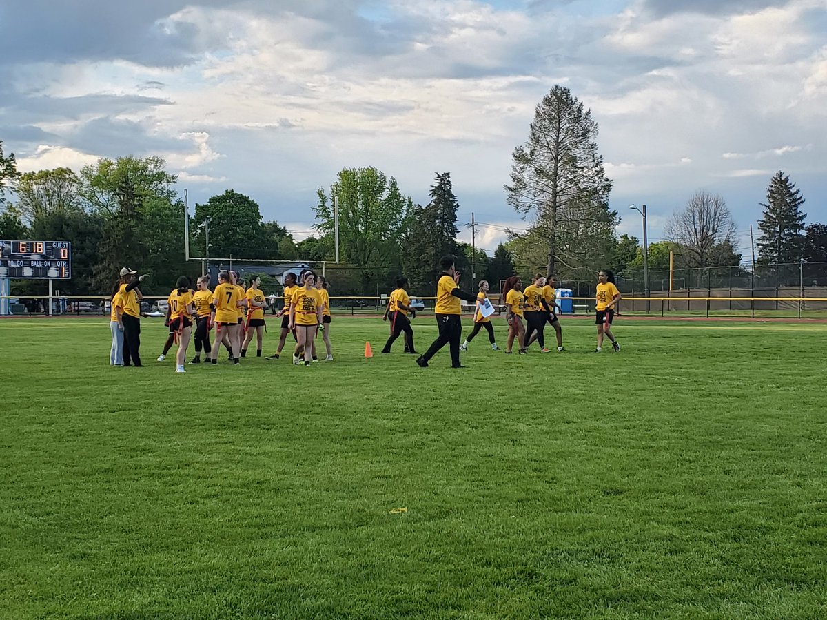 Update from Ed Steinmetz Stadium for the 2023 Powder Puff game. It's the Black Squad taking a 24-12 lead into the second. <a href="/BTHSSoftball1/">Burlington Twp. Softball</a> Tyler Douglas is slinging it tonight with several TD passes.