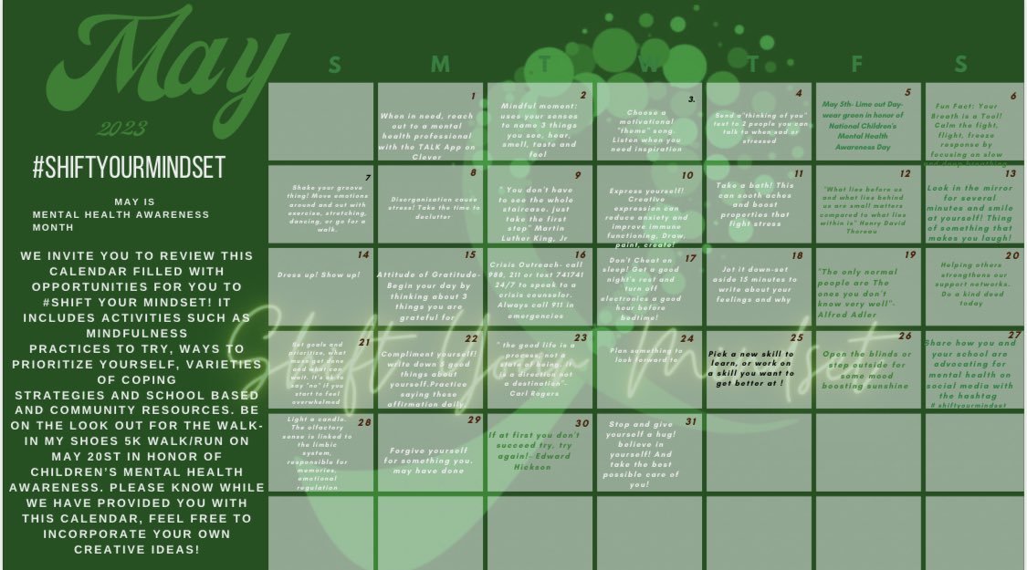 #MentalHealthAwarenessMonth WEEK 1: Please enjoy and utilize our #ShiftYourMindset Calendar