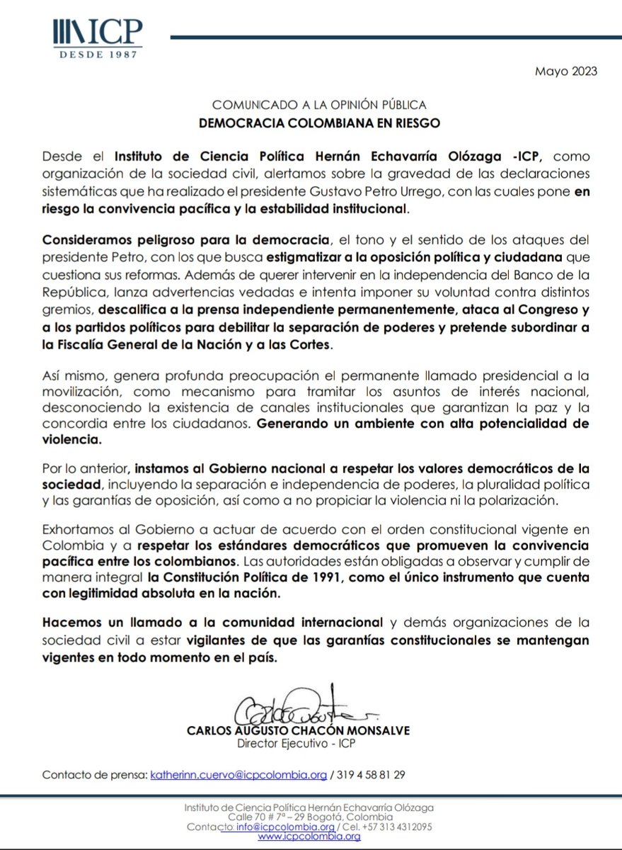 ICPColombia's tweet photo. 🔴 COMUNICADO A LA OPINIÓN PÚBLICA. DEMOCRACIA COLOMBIANA EN RIESGO. 👉🏼 Desde el  ICP instamos al Gobierno nacional a respetar los valores democráticos de la sociedad colombiana y a no propiciar la violencia y la polarización. https://t.co/vLU5SQov4N