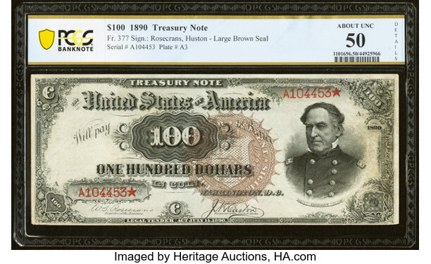 HeritageAuction's tweet photo. #HERITAGELIVE A beautiful #1890 $100 watermelon! This gorgeous Fr. 377 $100 1890 #TreasuryNote #PCGS Banknote About Unc 50 Details sold for $264,000 in tonight's US #currency auction. https://t.co/wn3C69h2zt https://t.co/D6YdDLBbJu