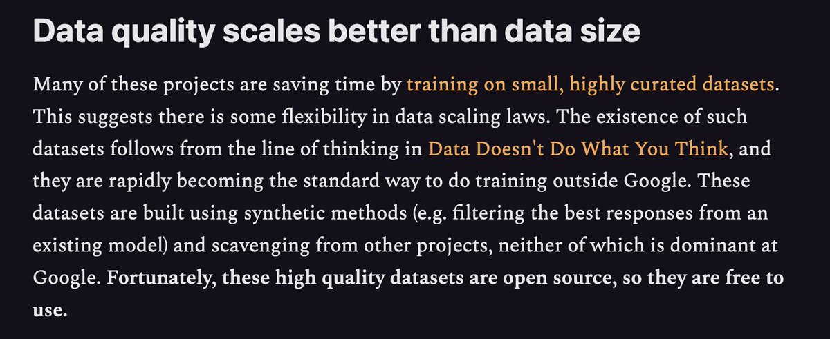 katecrawford's tweet photo. Hidden amongst the zingers in the leaked Google memo there's this: data quality is what is making the difference now. This is an important shift away from  internet-scale garbage dump datasets that have been running the show for years. https://t.co/1JkvU4EkeN