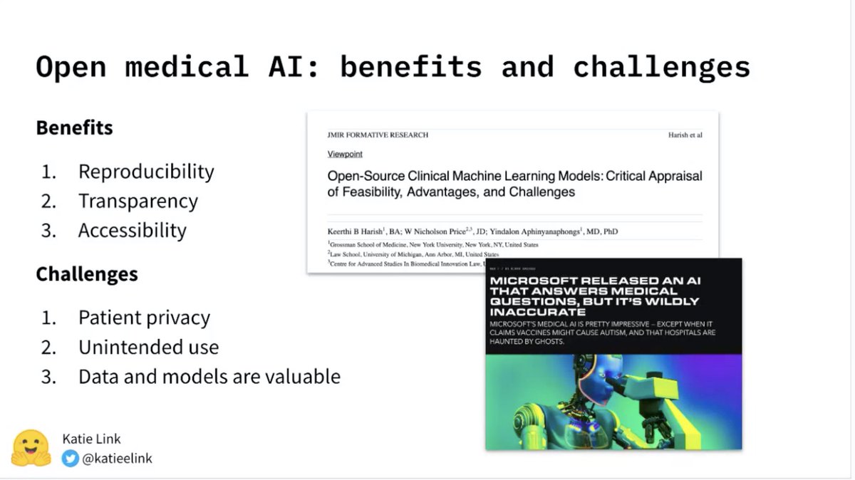 AnastasiaJanas's tweet photo. Outstanding lecture by amazing @katieelink, exploring past, present, and future of medical AI & highlighting the benefits of @huggingface 🤗. Her inspiring mission: democratize good open medical AI! Essential knowledge for all in today’s medical field!🌍👩⚕️#medEd #OpenScience https://t.co/me8E4JC2Vg