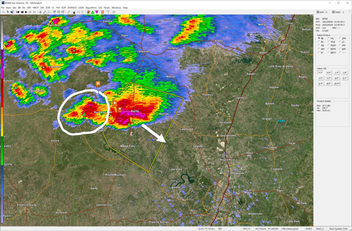 TravisCOSW's tweet image. Still watching this storm over Burnet County as it moves to the southeast. 1" plus hail reported, winds possible in excess of 60 MPH within the storm. NWS describes possible considerable damage with this storm. Seeing some development on back end now