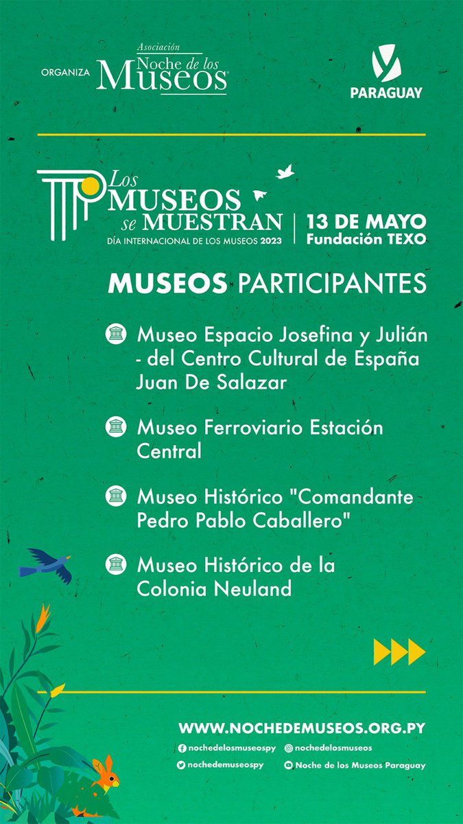 nochedemuseospy's tweet photo. Te presentamos a los museos participantes de la quinta edición de "Los Museos se Muestran"🎉

Este sábado 13 de mayo de 9 a 22 hs, conocé más de ellos en la Fundación Texo.
📌 Acceso libre y gratuito

_
#LosMuseosSeMuestran #ICOM #DIM2023 https://t.co/vACitHvLOD