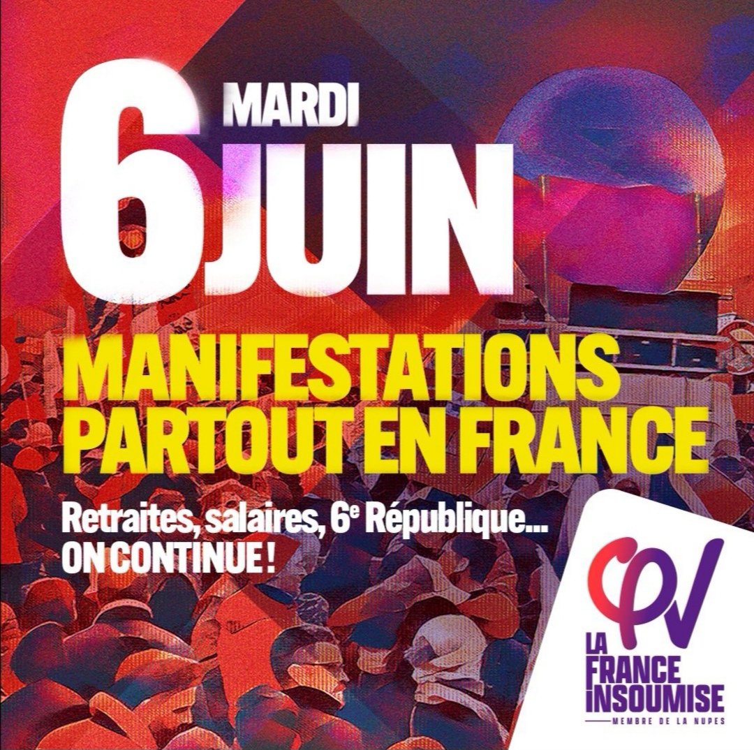 😎
#OnContinue ✊
#casserolades 🥘
#6emeRepublique 💯
#PourNosRetraites 👶🧔🙎‍♀️👩‍🦳
#Manif6Juin 🐢