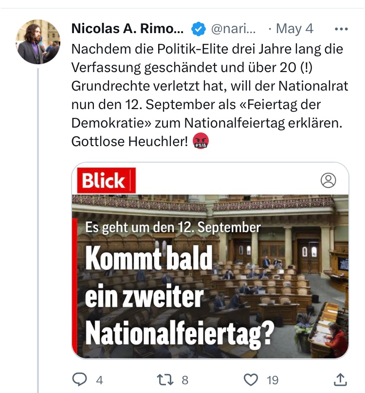 ChantalStadelm1's tweet photo. Der 🇨🇭Comedy Verein gehört ausgemistet in Bern‼️
#Nationalfeiertag hätte ich einen Vorschlag 20. März 2020 #Stoplockdown #Giftspritzen💉
#Neveragain
@mcpolitik
@VB_Schweiz
@dieter_hagmann
@rimoldi
@AttilaDerKluge
@AndersonAfDMdEP
@peterwaech https://t.co/6XTaw5UJzN