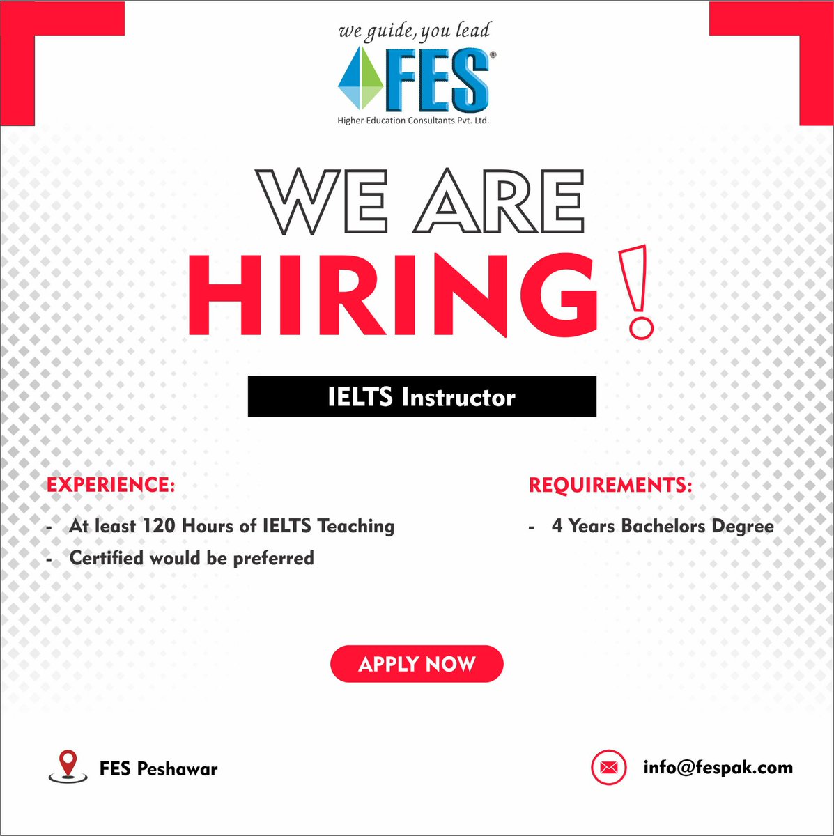 FESConsultants's tweet photo. We are looking for #IELTS Instructor!

📍 Office 1-4, 1st Floor, Azam Towers, Arbab Road Stop, University Road #Peshawar Pakistan

Apply Now: info@fesrozgar.com

#fes #fesconsultants #hiring #jobs #career #PeshawarJobs #WeAreHiring #ieltsinstructor #ieltstutor #English #Pakistan https://t.co/kJiNIZNUQJ