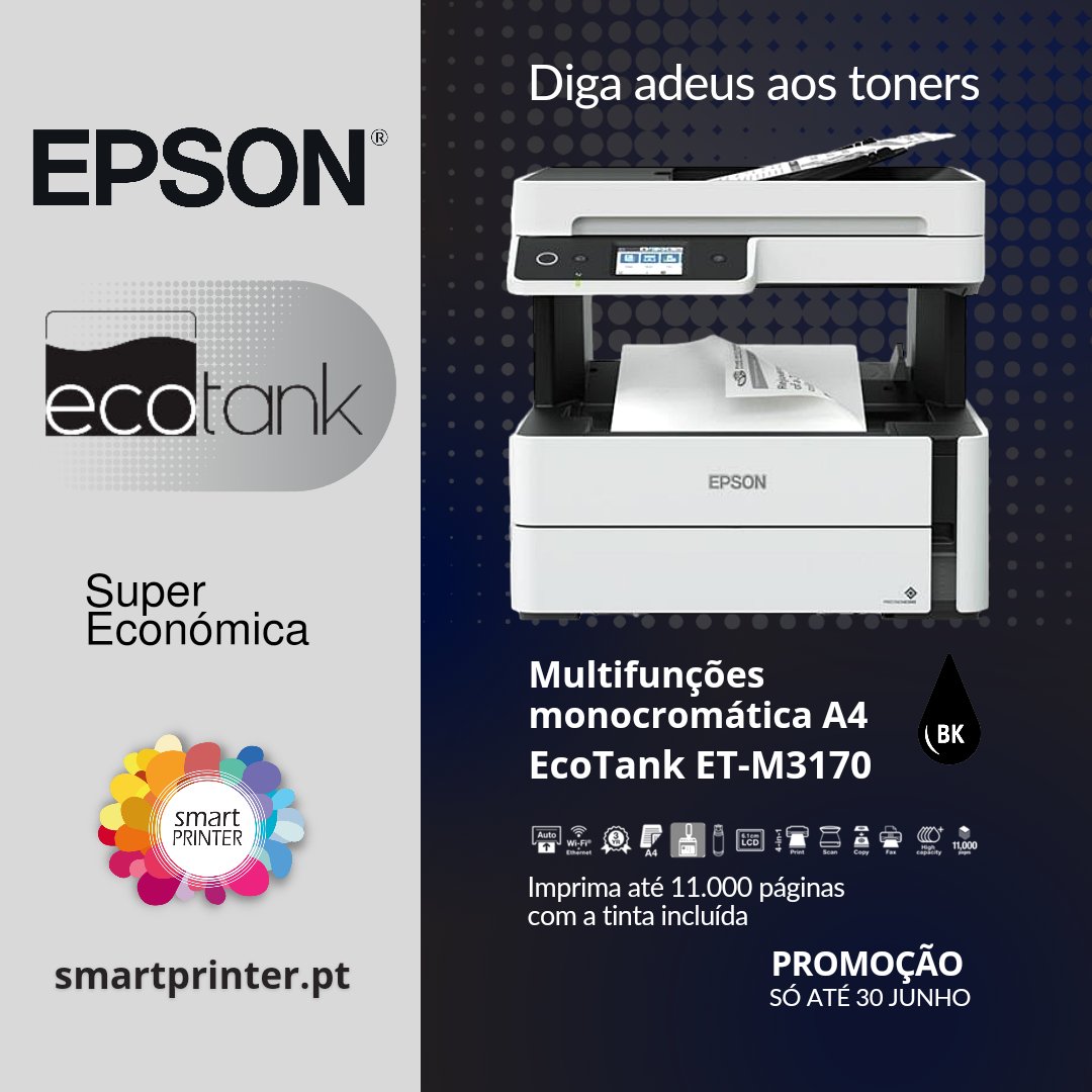 PrinterSmart's tweet photo. Diga adeus aos toners 👋
Epson EcoTank ET-M3170 monocromáticas.
Imprima até 11.000 páginas com a tinta incluída. 😯
Aproveite já o super desconto até 30 de junho 🤑
https://t.co/zUqRtbQKQD

#smartprinter #smartprinterpt #gaiashopping #vilanovadegaia #epson #ecotank #superecotank https://t.co/ytyGxF5blv