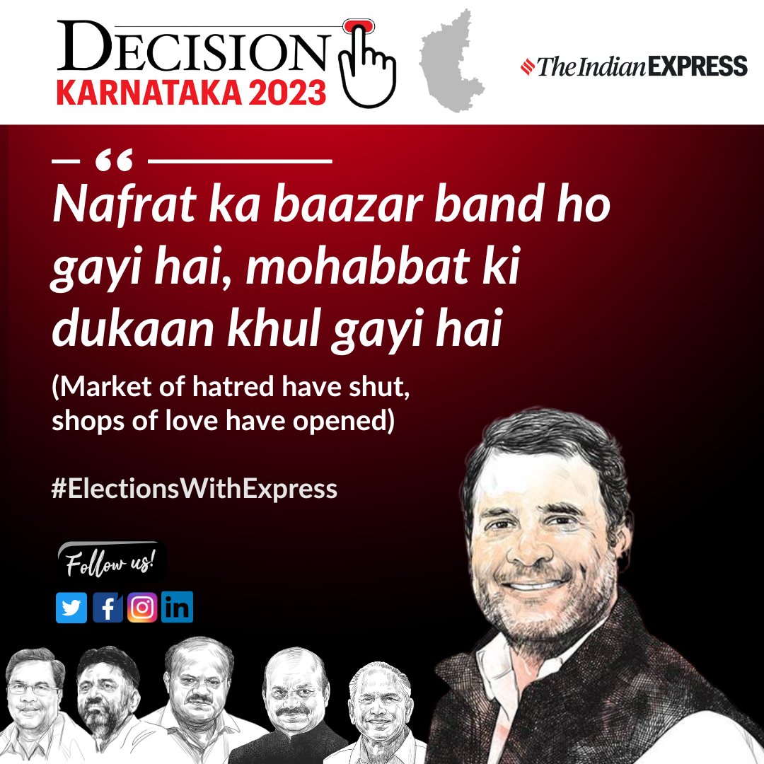IndianExpress's tweet photo. #KarnatakaElectionResults | After the #Congress crossed the halfway mark in the 224-seat Assembly in #Karnataka, @INCIndia leader #RahulGandhi addresses press conference at the party headquarters in New Delhi. 

Here's what he said 👇🏽
https://t.co/5nHrjIaqku 

#KarnatakaResults #KarnatakaPolls #KarnatakaElectionsResults2023