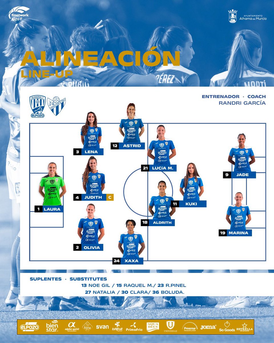 AlhamaElPozo's tweet photo. 𝕏𝕀𝕀 𝕀ℕ𝕀ℂ𝕀𝔸𝕃 ⚔️

Hoy salimos con esta alineación para enfrentarnos al @sportinghuelva.

🔵¡Vamos, azulonas! 🔵

📺 El partido podrá seguirse a través de @dazn_ https://t.co/EcF6ZcUeY3